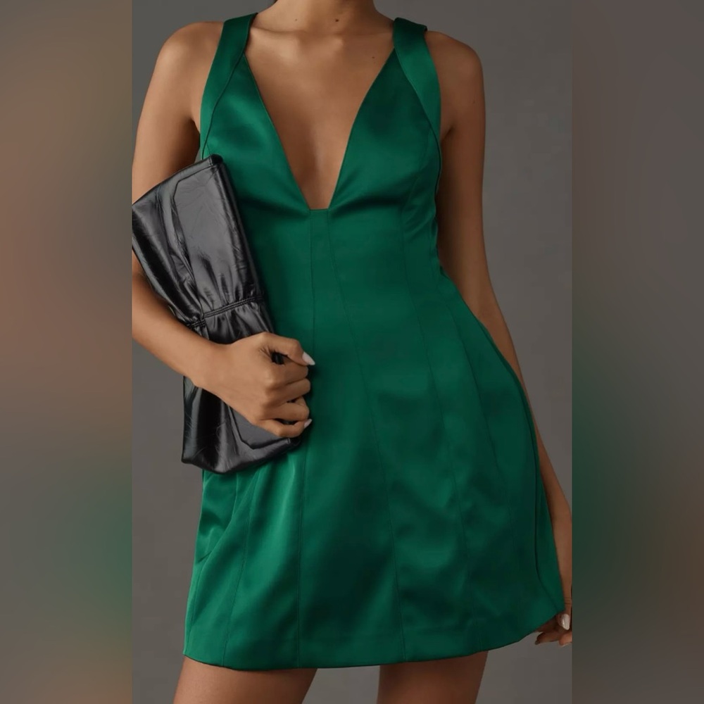 Anthropologie Sleeveless Plunge Satin Green Mini Dress Size 12